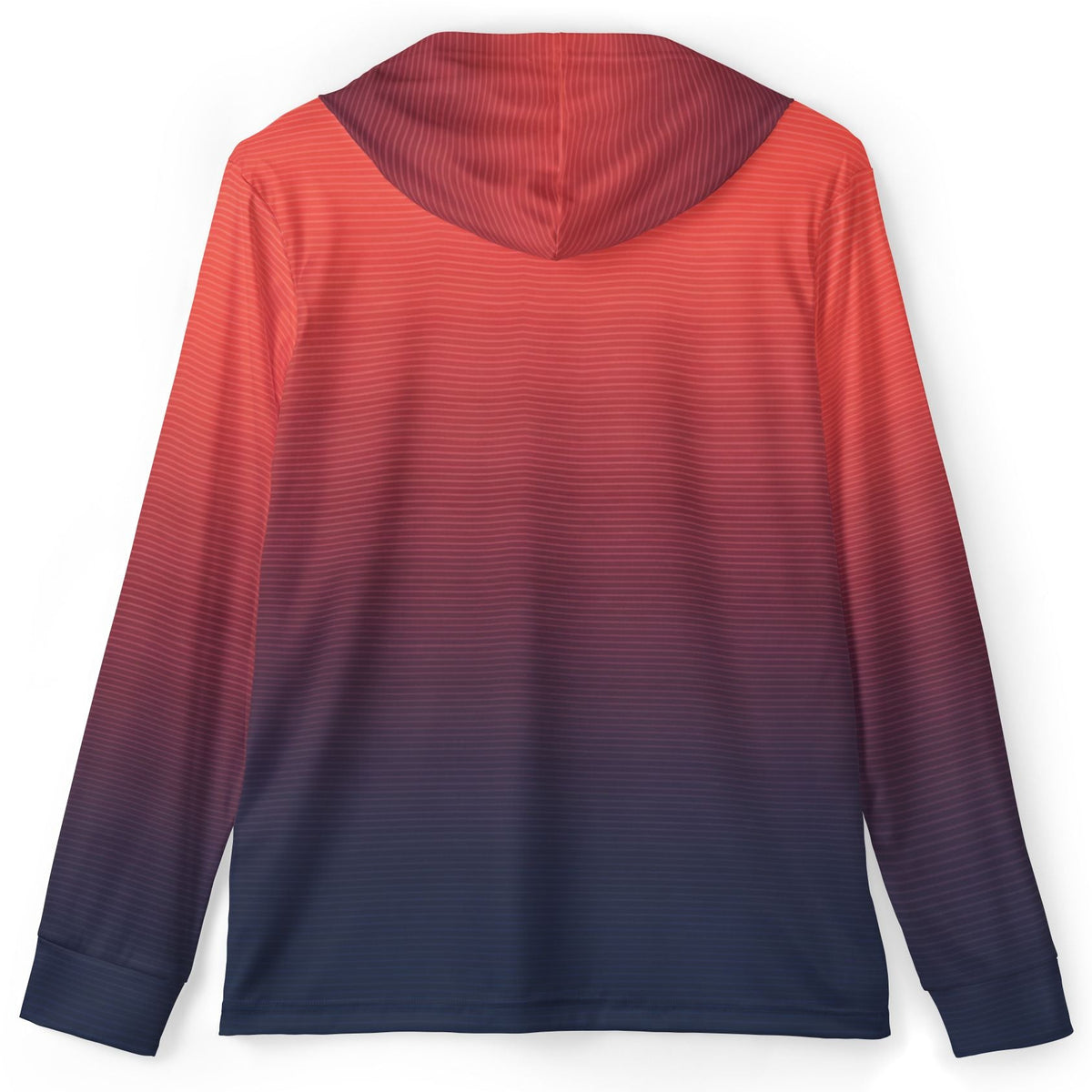 A long-sleeve hooded top shown from the back, featuring a horizontal striped texture and a smooth vertical gradient transitioning from coral red at the hood and upper back to dark navy blue at the lower back and sleeves, displayed on a clean white background.
