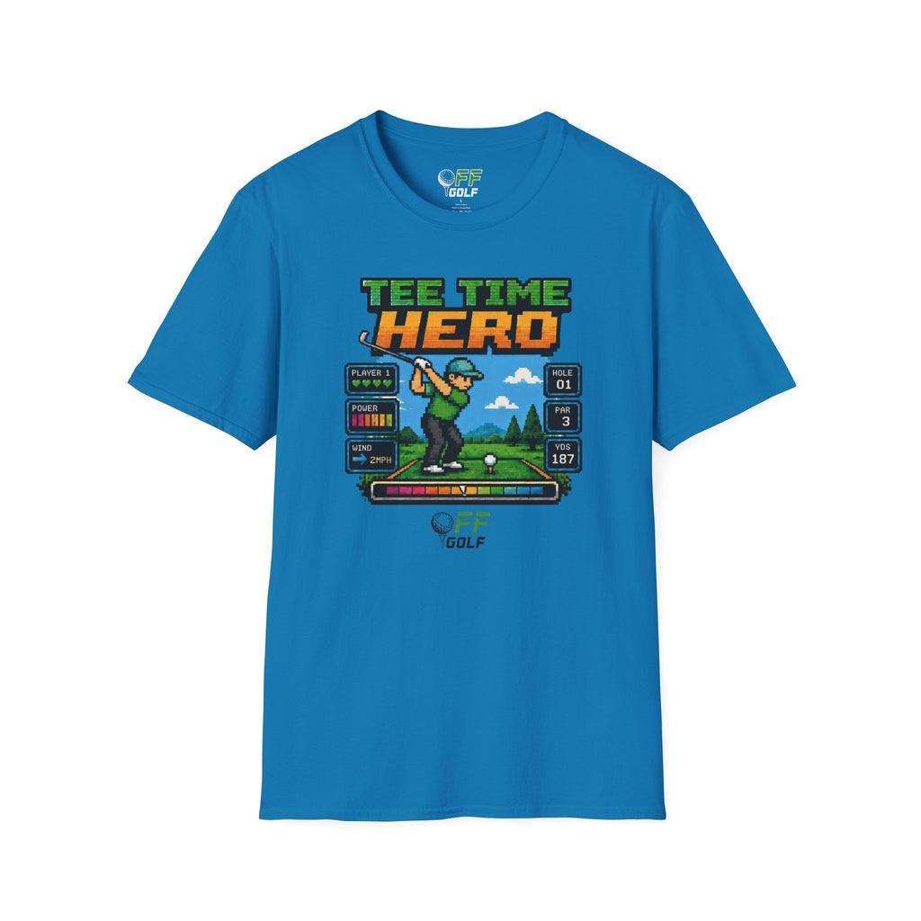 Golf T-Shirt — "Tee Time Hero" Pixel Golfing Tee (16 colors)