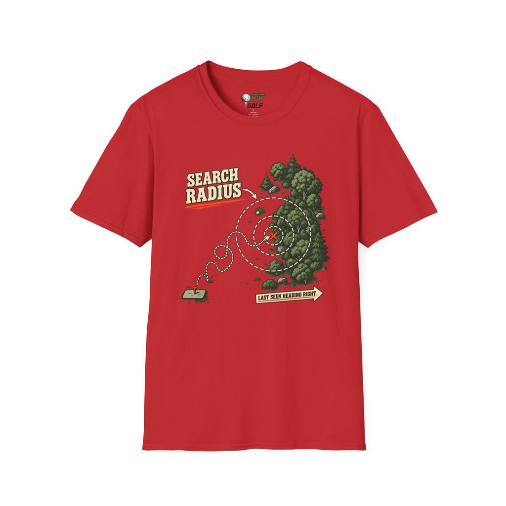 Golf Search Radius T-Shirt — Funny Golf Course Map Design (16 Colors)