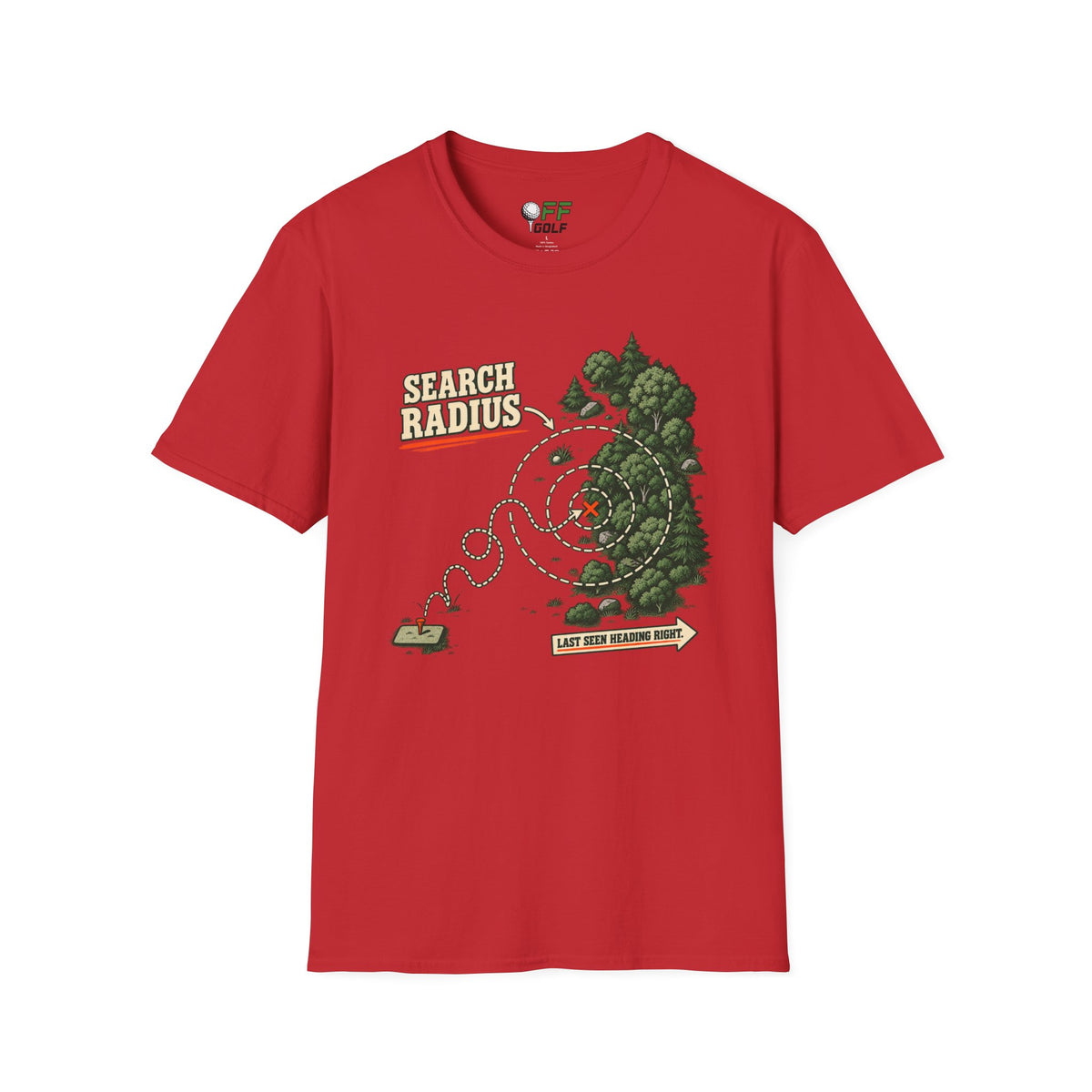 Golf Search Radius T-Shirt — Funny Golf Course Map Design (16 Colors)