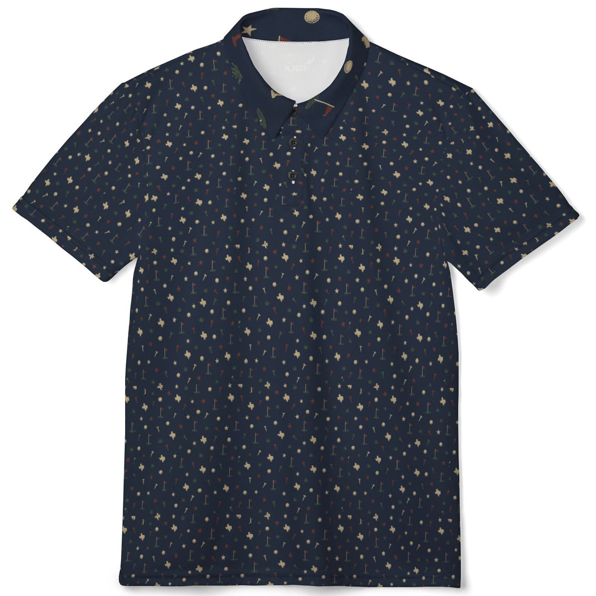 Black and white patterned polo shirt on a white background