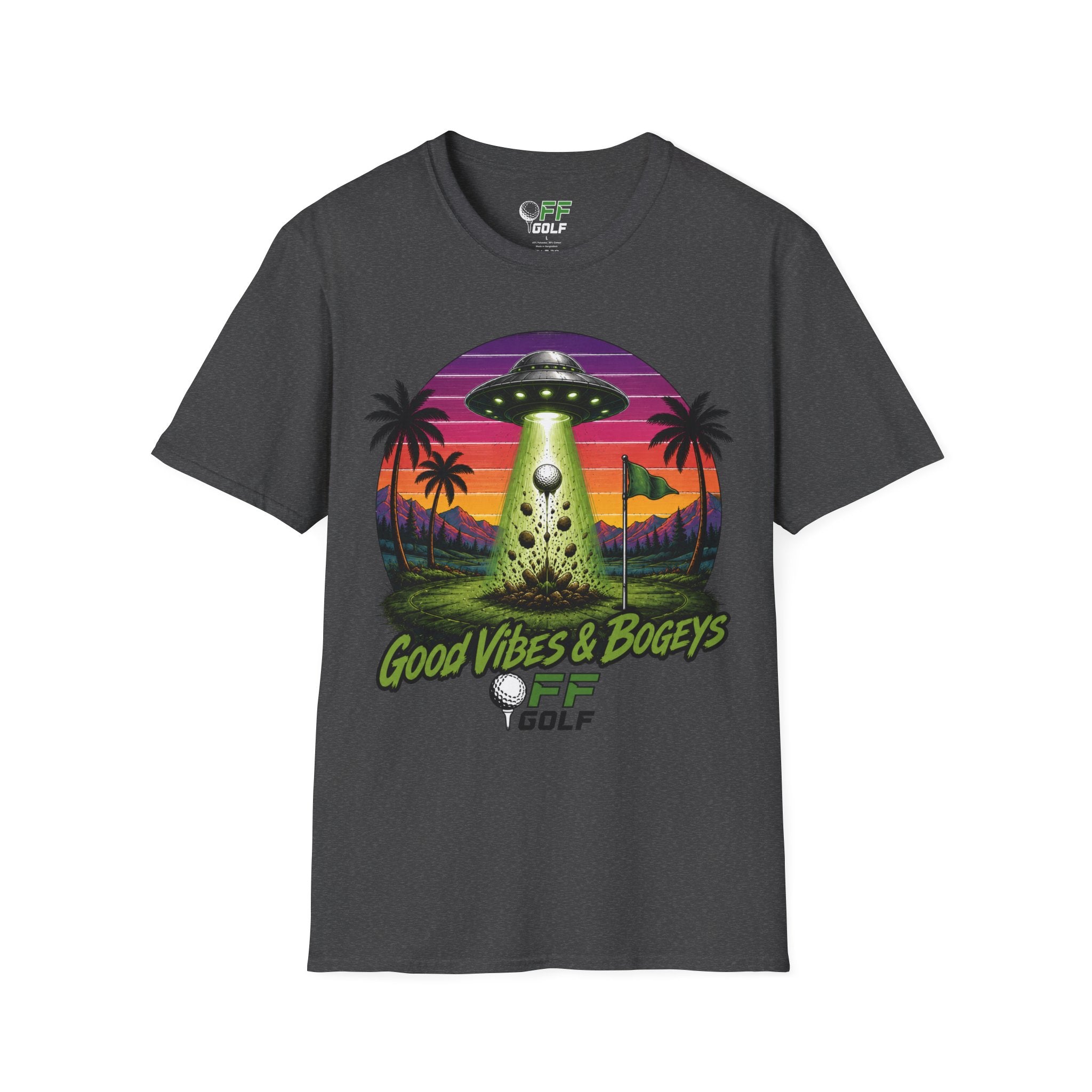 Alien Golf Retro Sunset T-Shirt — "Good Vibes & Bogeys" (16 colors)