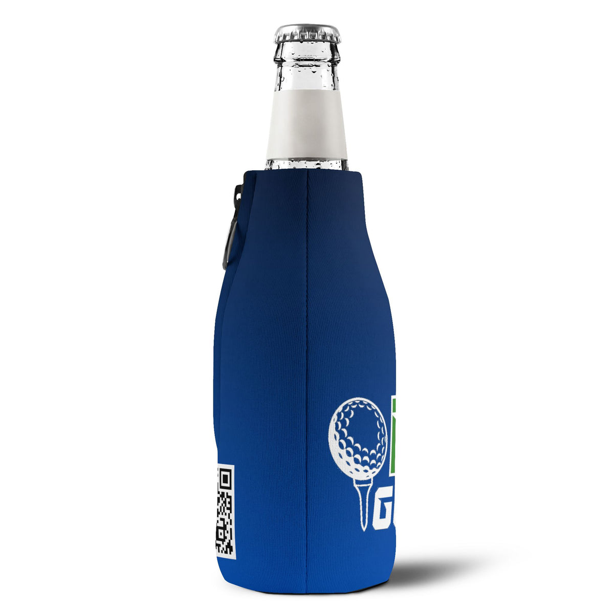 Golf Zip-Up Bottle Cooler Sleeve — Blue Neoprene Can Cooler with Zipper & Keyring (OFF Golf Logo)