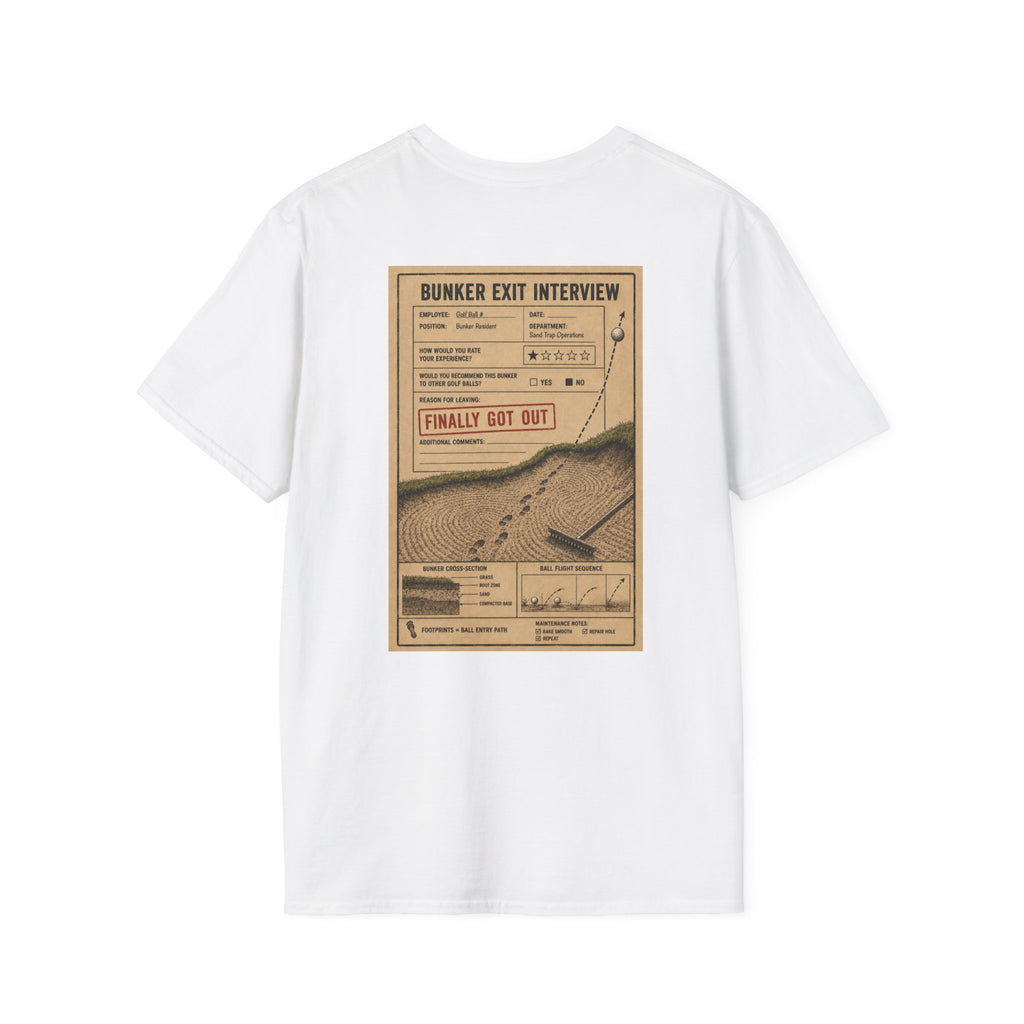 Bunker Exit Interview T-Shirt — Minimal Badge Graphic Tee (16 Colors)