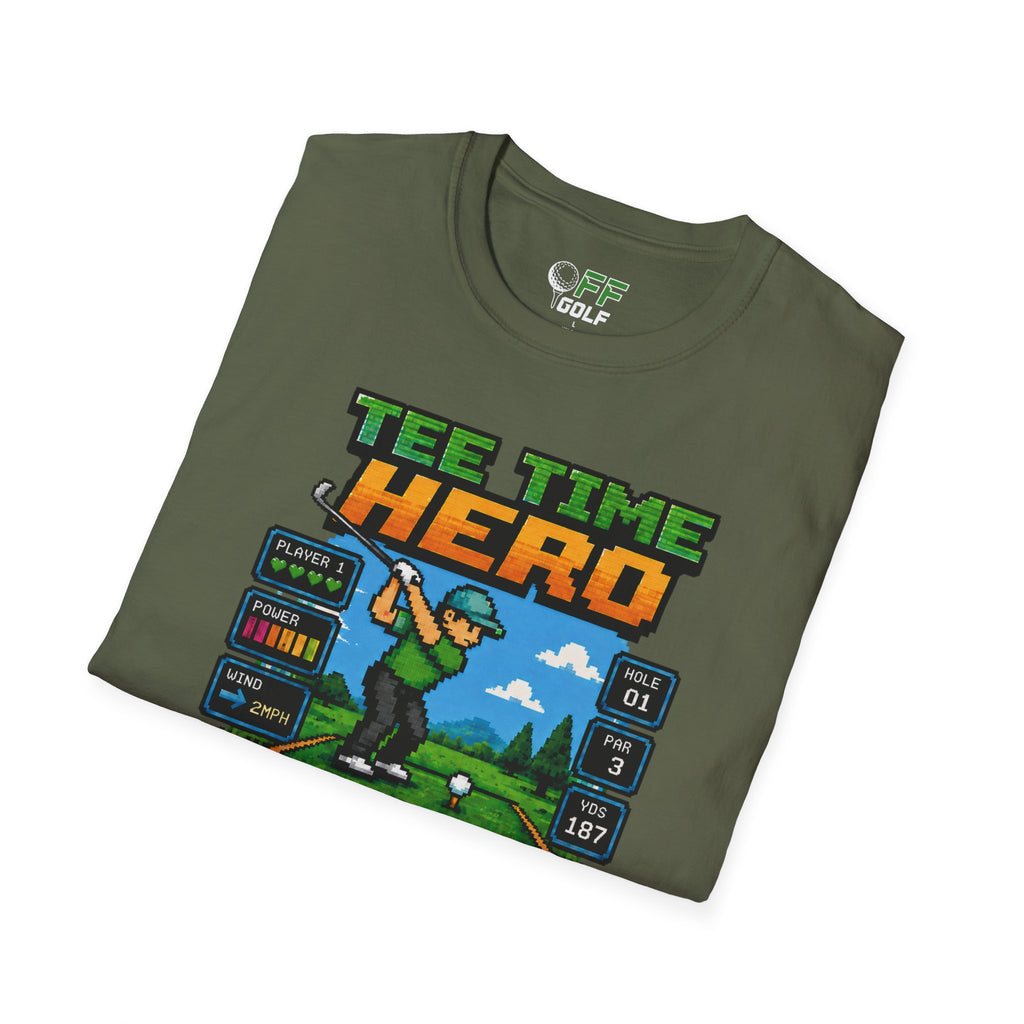 Golf T-Shirt — "Tee Time Hero" Pixel Golfing Tee (16 colors)