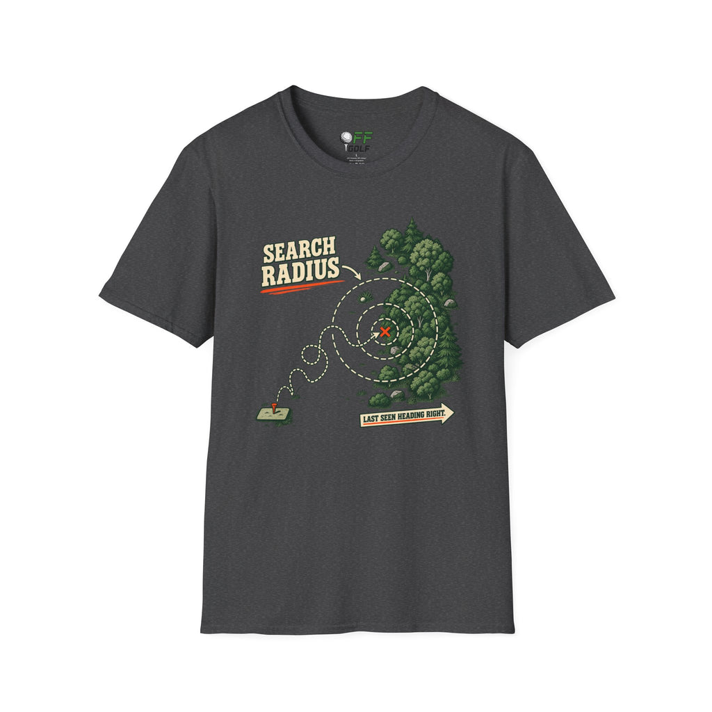 Golf Search Radius T-Shirt — Funny Golf Course Map Design (16 Colors)