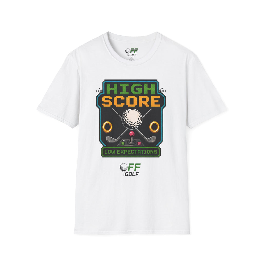 Golf T-Shirt — "High Score" Retro Arcade Pinball Golfing Tee (16 colors)